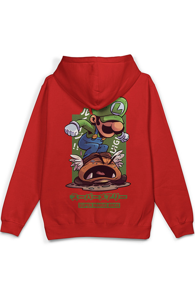 Overoz Super Sırt Printed Hooded Yarı Oversized Sweatshirt Red Hoodie 1390