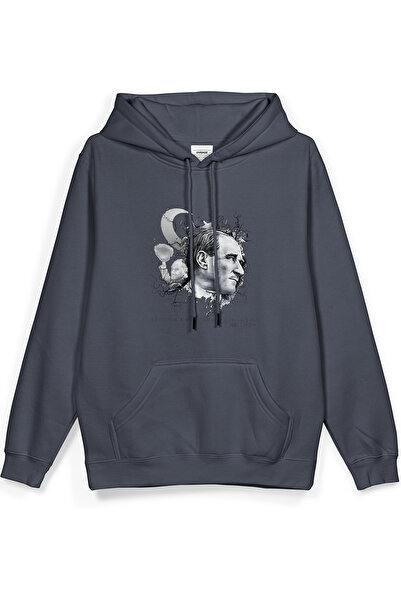 Overoz Atatürk Printed Hooded Half Oversized Sweatshirt Smoked Hoodie 1236