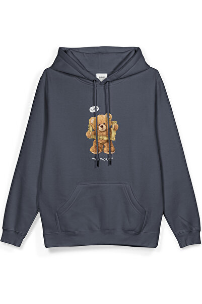 Overoz Teddy Bear I'M Famous Printed Hooded Half Oversized Sweatshirt Smoked ...