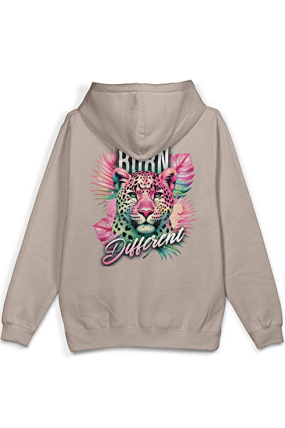 Overoz Born Different Leopard Back Printed Hooded Half Oversized Sweatshirt S...