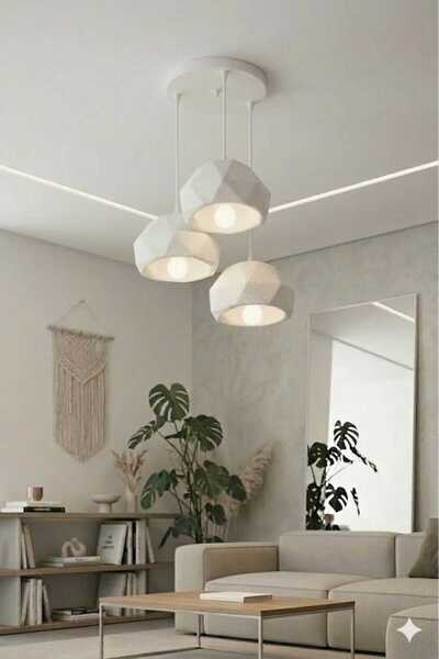 Dropcek eticaret Modern 3’lü Sarkıt Avize Beyaz Beton Dokulu Minimal Avize Sa...