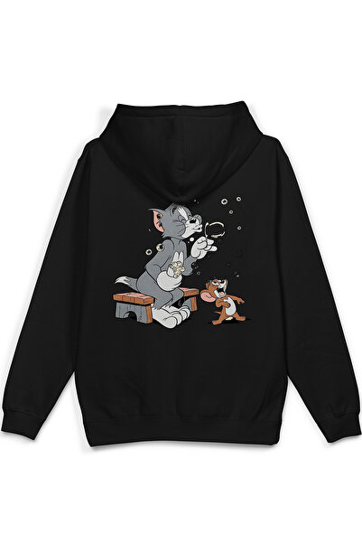 Overoz Cat Back Printed Hooded Half Oversized Sweatshirt Black Hoodie 1379