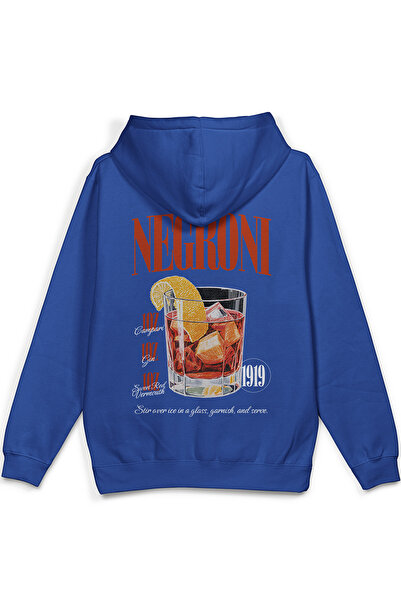 Overoz Barmen Negroni Sırt Printed Hooded Yarı Oversized Sweatshirt Blue Hood...