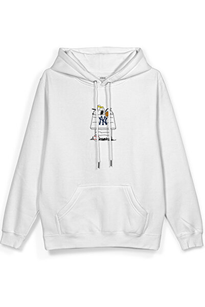 Overoz يانكيز سنوبي مطبوع بغطاء رأس سويت شيرت أبيض بقلنسوة نصف كبير الحجم 1156