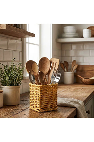 shopwave Square Straw-Textured Plastic Rattan Spoon Holder &amp; Amp; Çatallı...