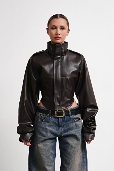 Jaglion New Season Mock Neck Motorcu Cropped Women's Bitter Brown Leather Jacket