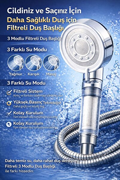 ORPA Filtreli Duş Başlığı 3 Modlu | Yüksek Basınçlı, Kireç Önleyici, Kolay Ku...