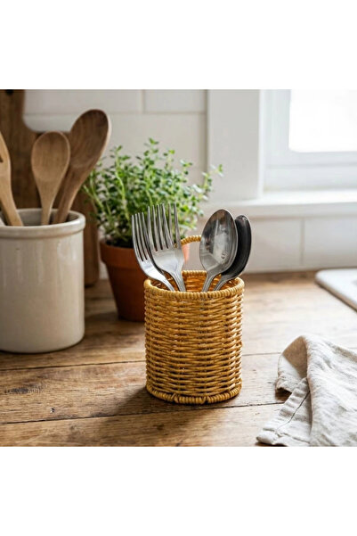 shopwave Round Straw-Textured Plastic Rattan Spoon Holder &amp; Amp; Çatallık...