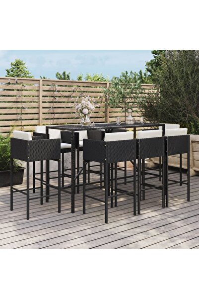 Concept Σετ επίπλων μπαρ κήπου με μαξιλάρια, 9 τεμάχια, μαύρο, πολυρατάν