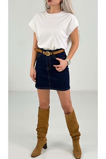 KAROL Lacivert Kemerli Likralı Mini Kot Etek