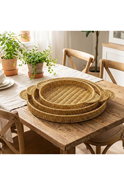 shopwave Interlocking Set of 3 Round Plastic Rattan Trays – Wicker Look Multi...