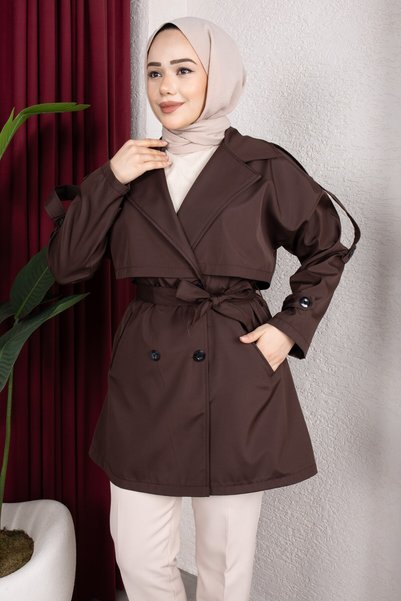 Rabia Zülal Trench Coat Belt in 1 with Epaulet Detail Unlined Trench Coat Hijab Trench Coat (85cm) - Brown