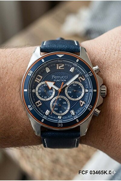 Ferrucci Silver Round Case Men's Wristwatch |   44 mm Steel Case, Navy Blue L...