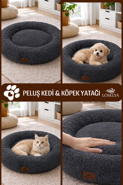 Loselya Peluş Kedi ve Köpek Yatağı 52 cm Yıkanabilir Pofuduk Yumuşak Doku Sim...