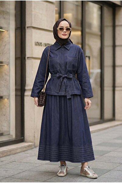 Aselim Hijap Moda Viera Tensel Denim Look Skirt Suit Blue