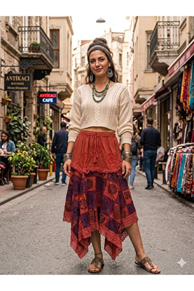 AYASOFYA OTANTIK Women's Indian Ethnic Patterned 100% Cotton Asymmetrical Skirt