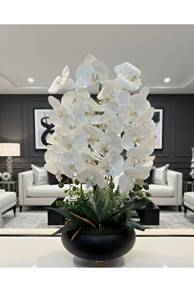 MY LOVE ÇİÇEKÇİLİK Siyah Metal Saksıda 3'Lü Islak Dokulu Beyaz Yapay Orkide (...