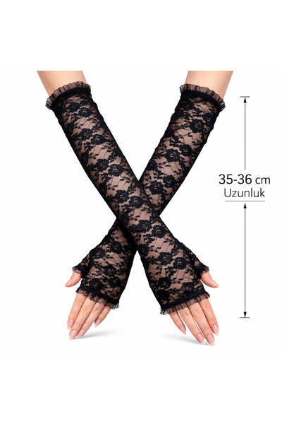 My Reality Fashion Μακριά κομψά γάντια Δαντέλα χωρίς δάχτυλα μαύρα
