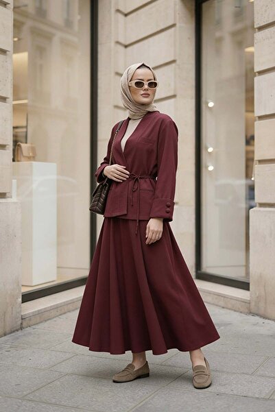 Aselim Hijap Moda Valencia Premium Textured Jacket Skirt Set Claret Red