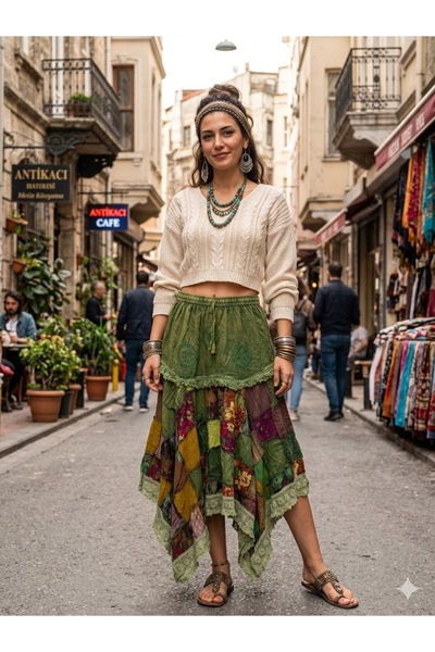 AYASOFYA OTANTIK Women's Indian Ethnic Patterned 100% Cotton Asymmetrical Skirt