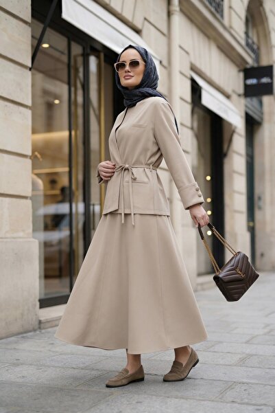 Aselim Hijap Moda Valencia Premium Textured Jacket Skirt Set Beige