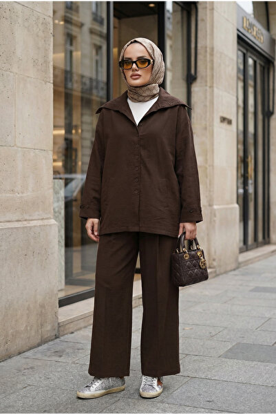 Aselim Hijap Moda Massimo Model Kupra Fabric Buttoned Shirt-Jacket Palazzo Pa...