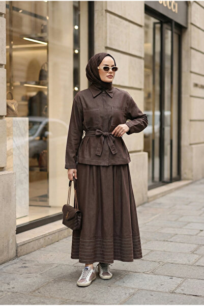Aselim Hijap Moda Viera Tensel Denim Look Skirt Suit Brown