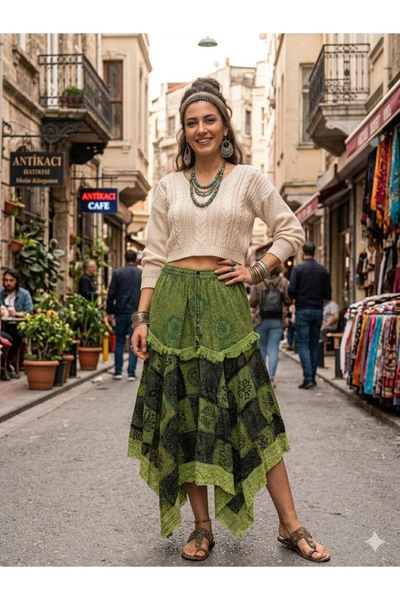 AYASOFYA OTANTIK Women's Indian Ethnic Patterned 100% Cotton Asymmetrical Skirt