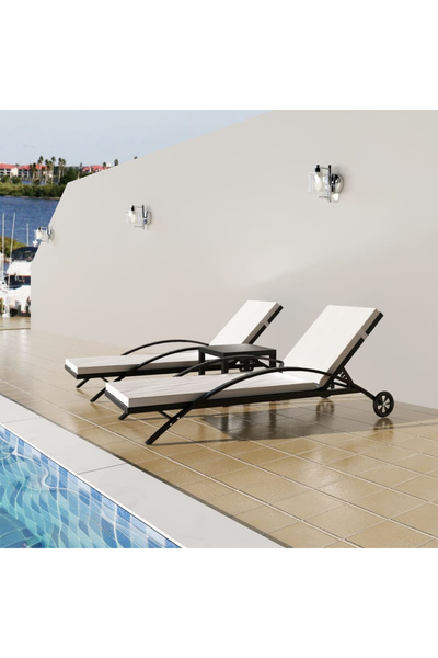 Concept Șezlonguri de plajă cu masă, negru, poliratan