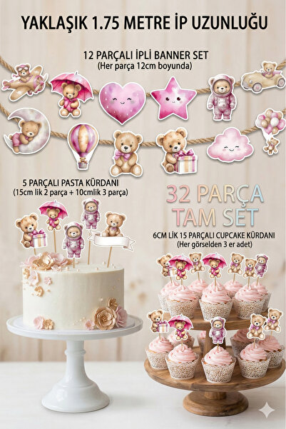 abjad Pembe Kız Bebek 32 parça Cinsiyet Partisi Baby Shower Banner Pasta Kürd...