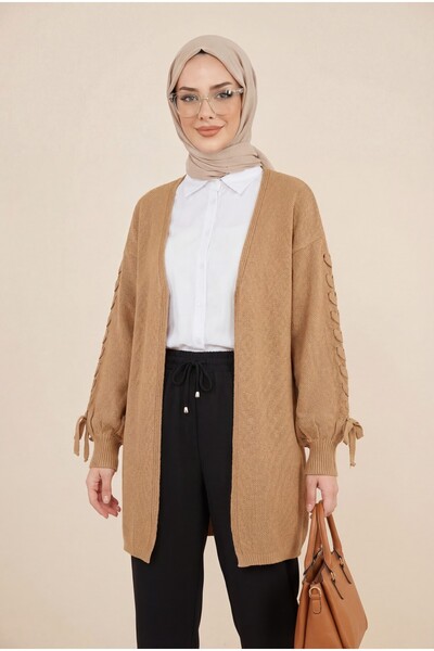 Modamorfo Knitted Cardigan with Braided Sleeves - Mink