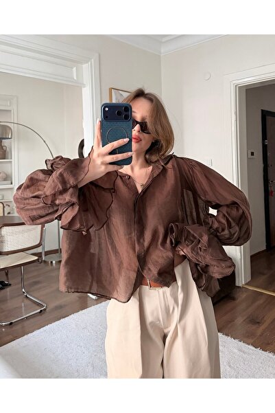 FERZOLAİO Ruffle Sleeve Brown Chiffon Shirt