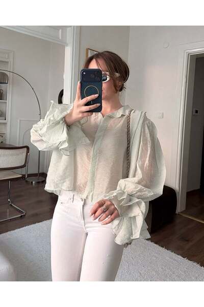 FERZOLAİO Ruffle Sleeve Çağla Chiffon Shirt