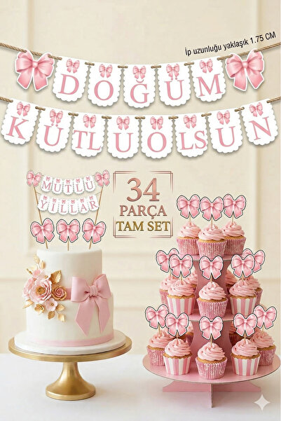 Genel Markalar 32 Parça Tam Set Pembe Fiyonk Kurdele Doğum Günü Süs Seti Bann...