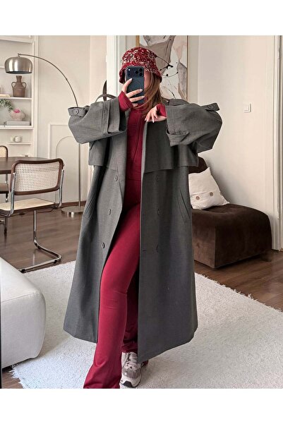 FERZOLAİO Oversized Belt Inch Long Anthracite Trench Coat