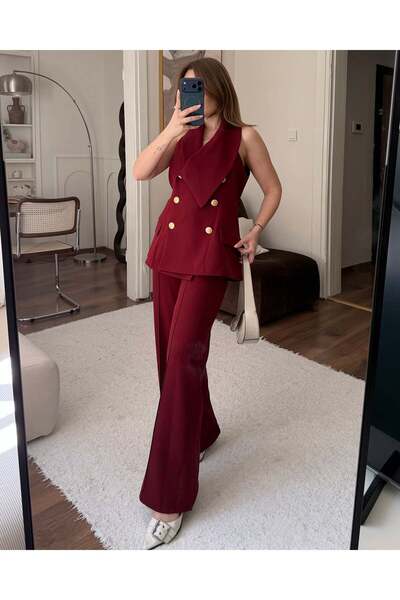 FERZOLAİO Valeria Gold Button Detailed Claret Red Vest Pant Suit