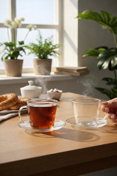Kezze Cam Çay Fincan Seti 2'li Isıya Dayanıklı Şeffaf Kulplu Bardak & Tabaklı...