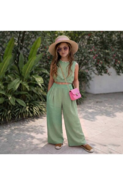 Keten Crop Bluz ve Palazzo Pantolon - Yeşil