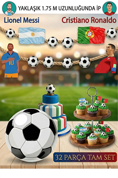 abjad Ronaldo Messi 32 Parça Futbol Doğum Günü Süsü Banner Pasta Kürdanı Cupc...