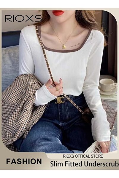 RIOXS Women's Long Sleeve Square Neck Basic Shirts, Casual Basic Slim Fitted ...