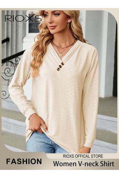 RIOXS Women's V-neck Long Sleeve Shirt, Classic Comfortable Long Sleeve Tunic...