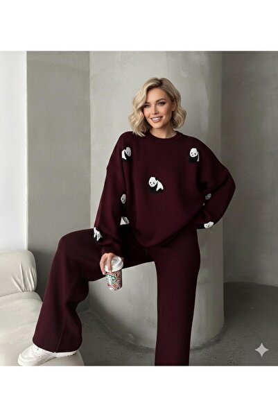 kahve lekesi Women's Ecru Panda Patterned Oversized Knitted Set - Imported So...