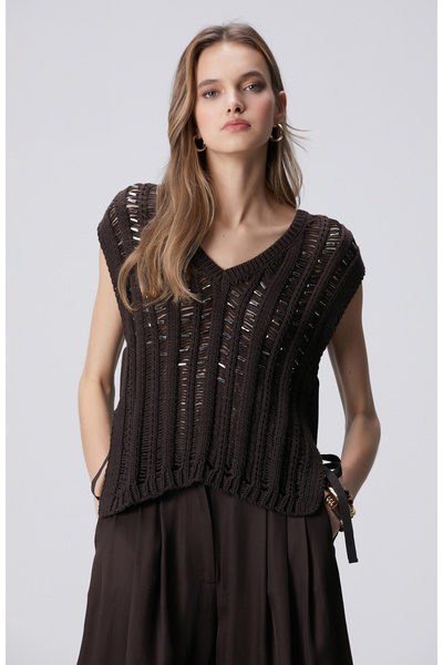 Network Limited Acı Kahve Taş Detaylı Triko