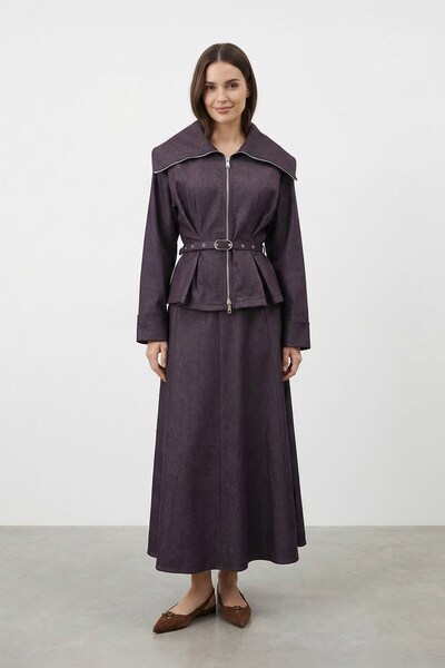 Loreen Women's Wide Collar Zippered Woven Skirt Suit - 20762Tk - Damson