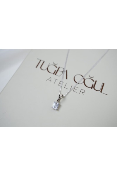 ATELİER TUĞBA Mkol007 Square Cut Single Stone Necklace Silver