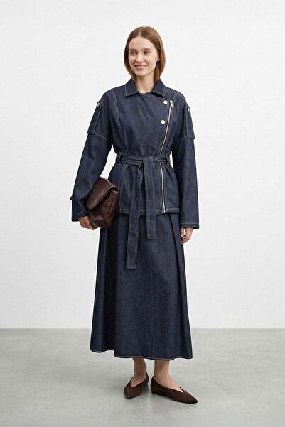 Loreen Women's Belted Set with Zipper Detail Denim – 20775Tks - Navy