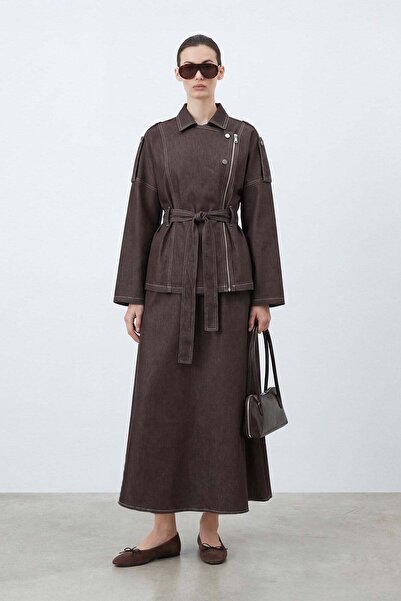 Loreen Women's Belted Set with Zipper Detail Denim – 20775Tks - Brown