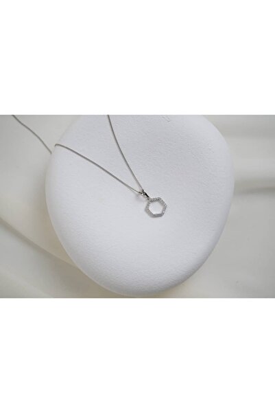ATELİER TUĞBA Mkol010 Hexagonal Stone Minimal Necklace Silver
