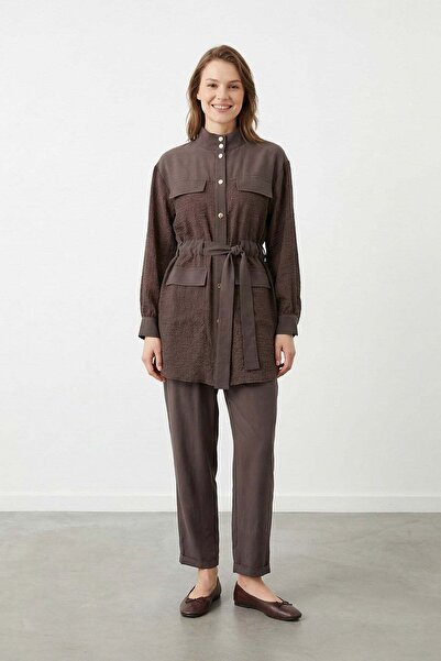 Puane Women's Hakim Collar Belted Bamboo Tunic Trouser Set – 14451Tks - Brown