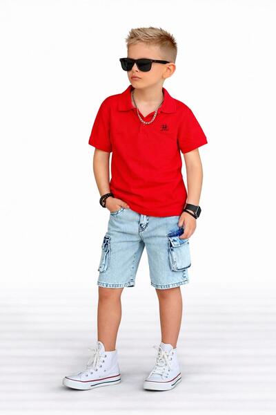 Bambam Boy's Polo Collar T-Shirt and Shorts Set-23021 Red